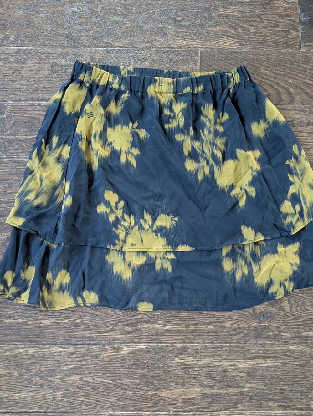 Saint + Sofia Tiered Mini Skirt Black with Water Color Yellow Flower Print